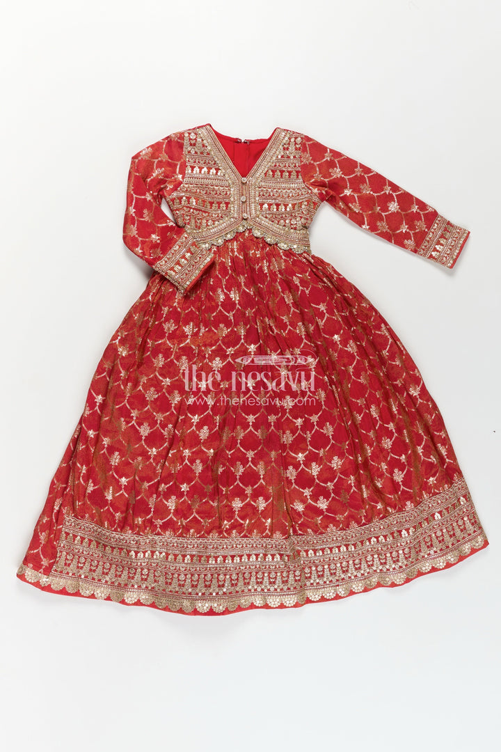 The Nesavu Girls Silk Gown Girls Reception Party Wear Silk Gown with Banarasi Organza Fabric and Designer Embellished Yoke Nesavu Girls Reception Party Wear Banarasi Silk Gown Embellished Yoke Matching Dupatta | The Nesavu