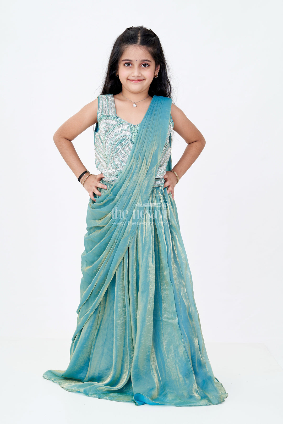 The Nesavu Girls Lehenga Choli Girls Reception Wear Lehenga in Teal Glazed Organza with Silver Sequin Embroidered Blouse Nesavu 24 (5Y) / Green GL607A-24 Girls Reception Wear Lehenga Teal Glazed Organza Silver Sequin Embroidered Choli | The Nesavu