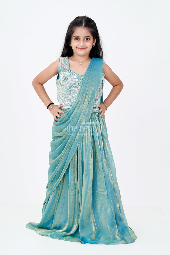 The Nesavu Girls Lehenga Choli Girls Reception Wear Lehenga in Teal Glazed Organza with Silver Sequin Embroidered Blouse Nesavu 24 (5Y) / Green GL607A-24 Girls Reception Wear Lehenga Teal Glazed Organza Silver Sequin Embroidered Choli | The Nesavu