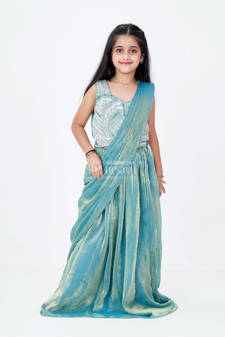 The Nesavu Girls Lehenga Choli Girls Reception Wear Lehenga in Teal Glazed Organza with Silver Sequin Embroidered Blouse Nesavu Girls Reception Wear Lehenga Teal Glazed Organza Silver Sequin Embroidered Choli | The Nesavu