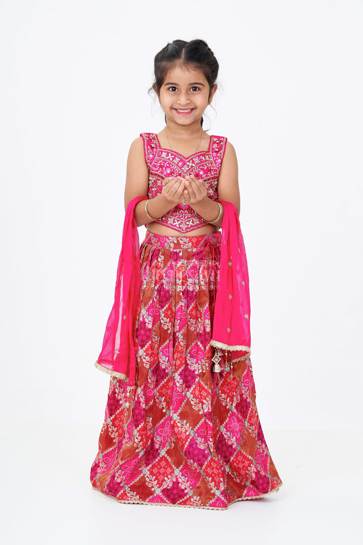 The Nesavu Girls Lehenga Choli Girls Red and Gold Lehenga in Viscose Silk with Mirror Embroidered Yoke and Geometric Placement Print Nesavu 16 (1Y) / Pink GL612A-16 Girls Red Gold Lehenga Viscose Silk Mirror Embroidery Printed Dupatta | The Nesavu
