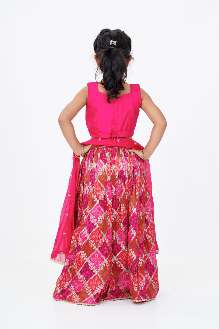 The Nesavu Girls Lehenga Choli Girls Red and Gold Lehenga in Viscose Silk with Mirror Embroidered Yoke and Geometric Placement Print Nesavu Girls Red Gold Lehenga Viscose Silk Mirror Embroidery Printed Dupatta | The Nesavu