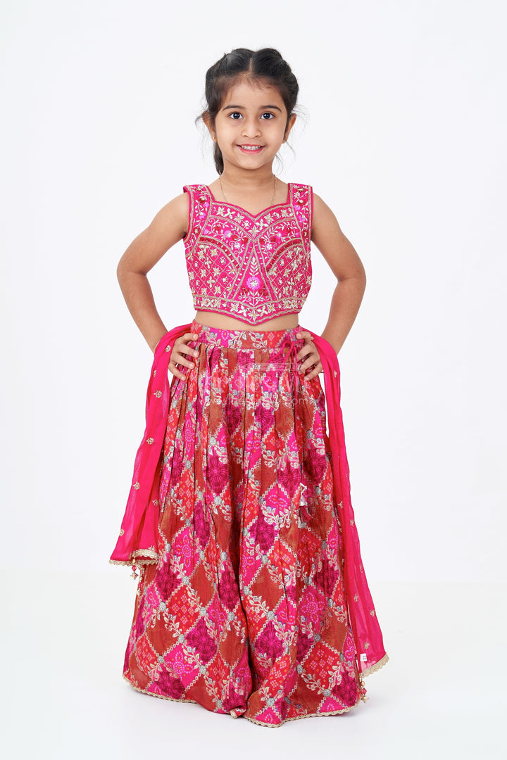 The Nesavu Girls Lehenga Choli Girls Red and Gold Lehenga in Viscose Silk with Mirror Embroidered Yoke and Geometric Placement Print Nesavu Girls Red Gold Lehenga Viscose Silk Mirror Embroidery Printed Dupatta | The Nesavu