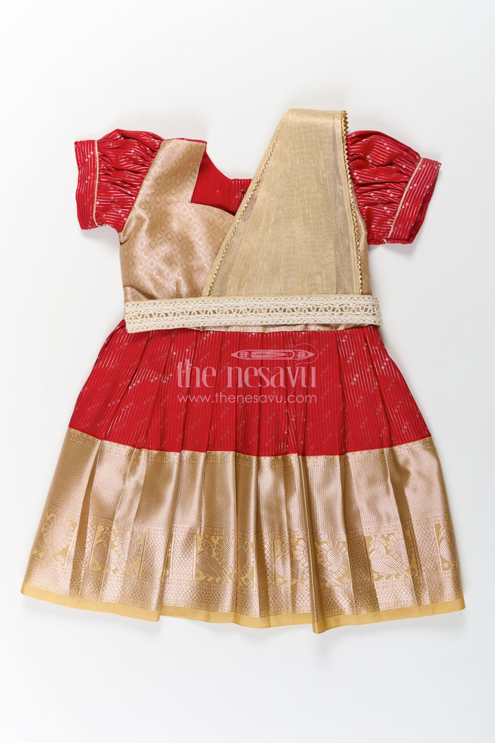 The Nesavu Girls Kanchi Silk Frock Girls Red and Gold Pattu Pavadai Set with Traditional Sattai Design and Elegant Border Nesavu 14 (6M) / Red / Style 1 SF825BA-14 Girls Red Gold Pattu Pavadai Set Traditional Sattai Design Weddings Festive Occasions | The Nesavu