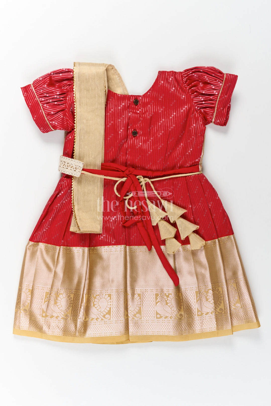 The Nesavu Girls Kanchi Silk Frock Girls Red and Gold Pattu Pavadai Set with Traditional Sattai Design and Elegant Border Nesavu Girls Red Gold Pattu Pavadai Set Traditional Sattai Design Weddings Festive Occasions | The Nesavu