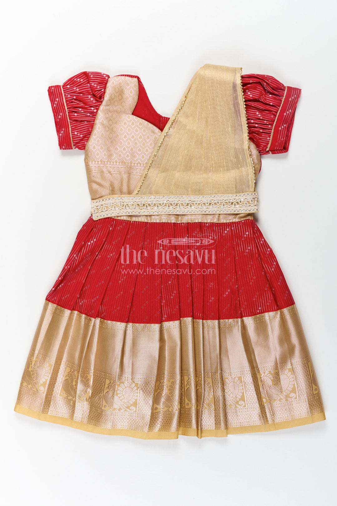 The Nesavu Girls Kanchi Silk Frock Girls Red and Gold Pattu Pavadai Set with Traditional Sattai Design and Elegant Border Nesavu Girls Red Gold Pattu Pavadai Set Traditional Sattai Design Weddings Festive Occasions | The Nesavu