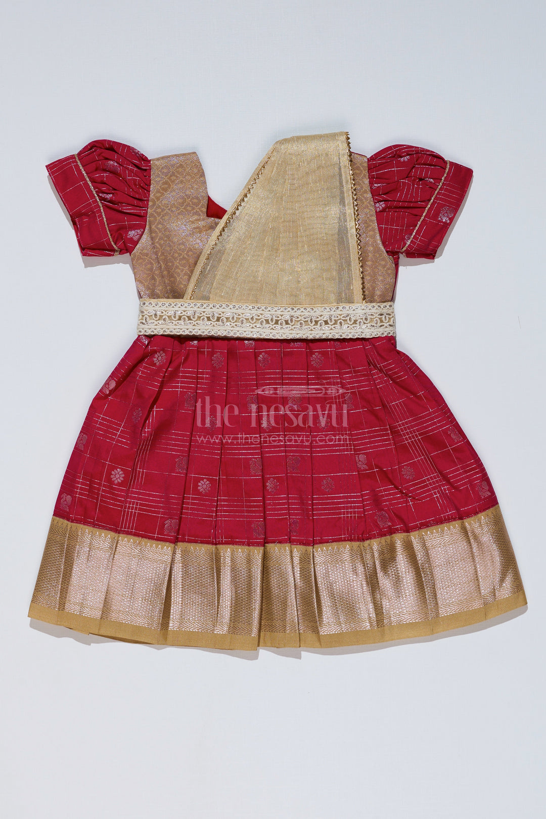 The Nesavu Girls Kanchi Silk Frock Girls Red and Gold Pattu Pavadai with Zari Embellished Pleated Skirt for Online Shopping Nesavu 14 (6M) / Red / Style 3 SF837DC-14 Girls Red Gold Pattu Pavadai Zari Embellished Pleated Skirt Online Shopping | The Nesavu