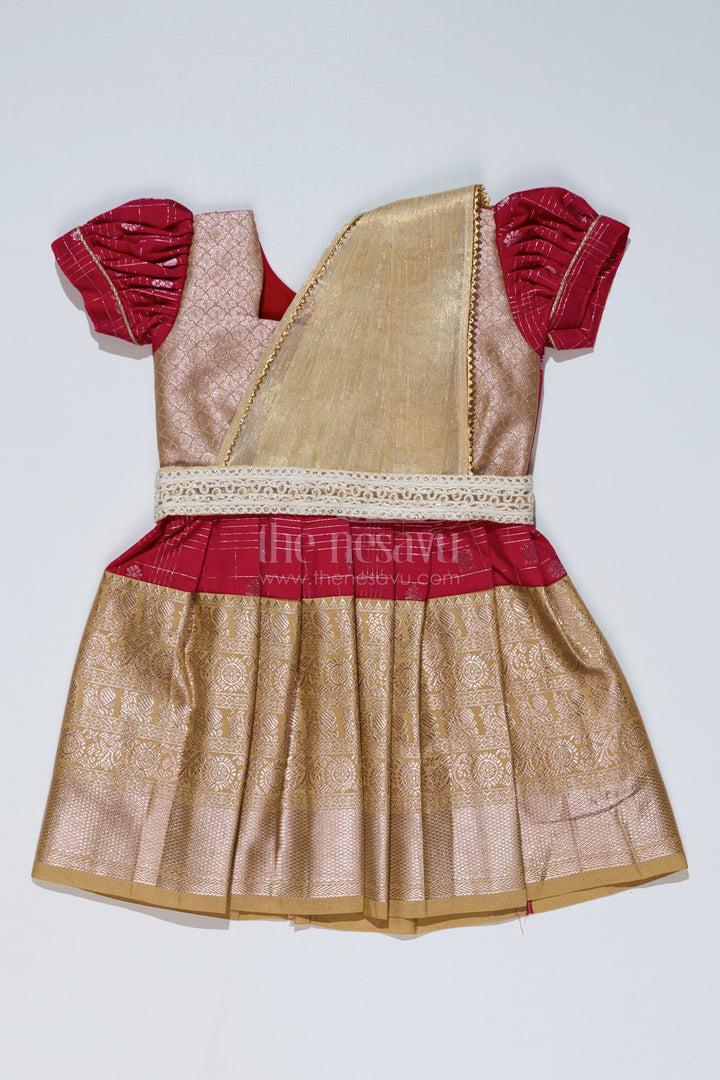 The Nesavu Girls Kanchi Silk Frock Girls Red and Gold Pattu Pavadai with Zari Embellished Pleated Skirt for Online Shopping Nesavu 16 (1Y) / Red / Style 1 SF837DA-16 Girls Red Gold Pattu Pavadai Zari Embellished Pleated Skirt Online Shopping | The Nesavu