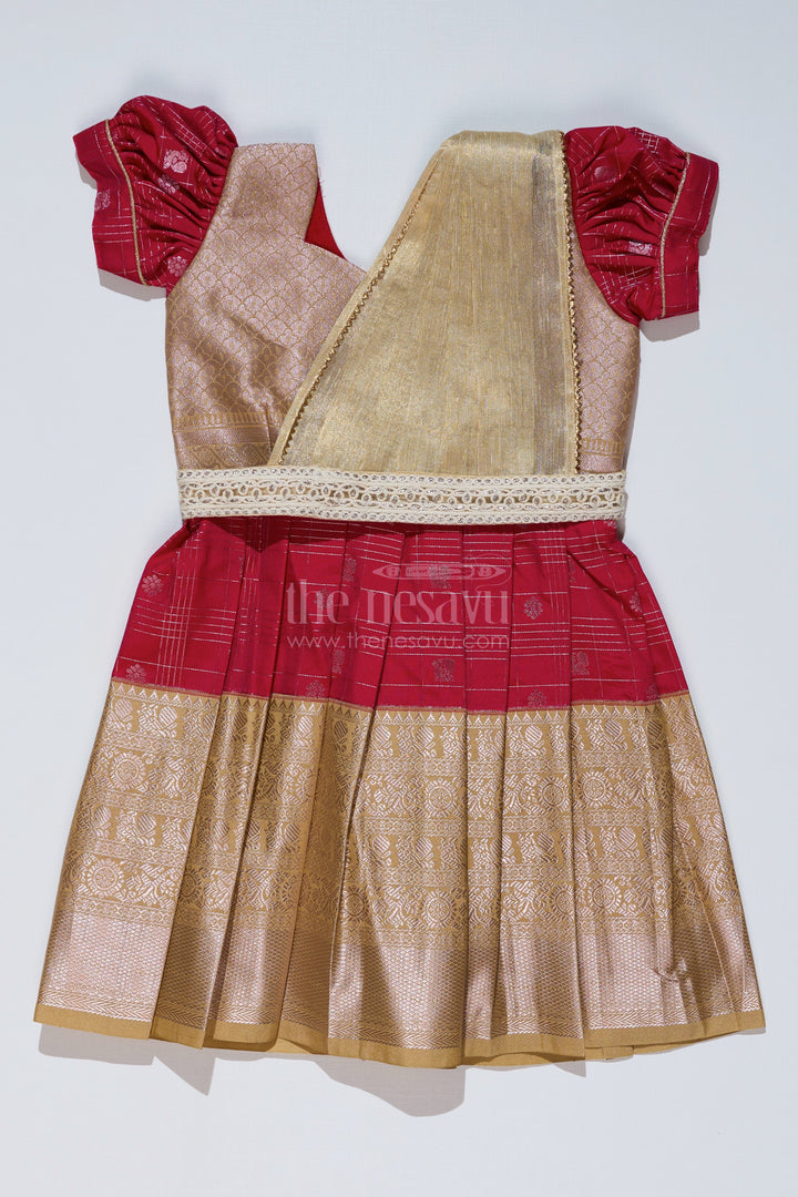 The Nesavu Girls Kanchi Silk Frock Girls Red and Gold Pattu Pavadai with Zari Embellished Pleated Skirt for Online Shopping Nesavu 20 (3Y) / Red / Style 2 SF837DB-20 Girls Red Gold Pattu Pavadai Zari Embellished Pleated Skirt Online Shopping | The Nesavu