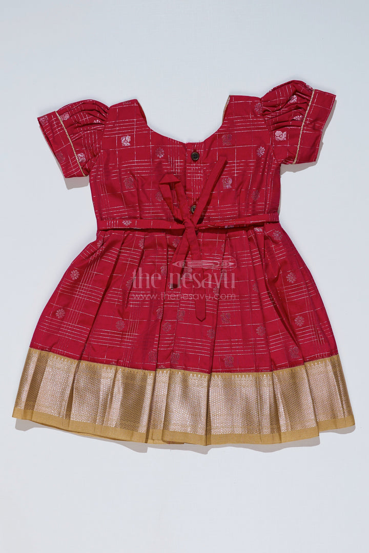 The Nesavu Girls Kanchi Silk Frock Girls Red and Gold Pattu Pavadai with Zari Embellished Pleated Skirt for Online Shopping Nesavu Girls Red Gold Pattu Pavadai Zari Embellished Pleated Skirt Online Shopping | The Nesavu