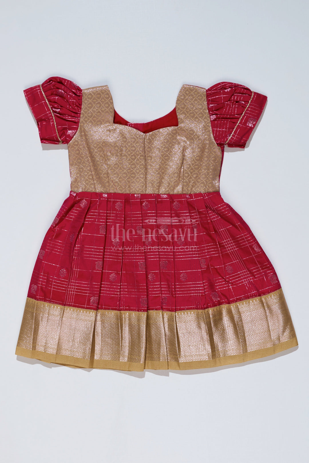 The Nesavu Girls Kanchi Silk Frock Girls Red and Gold Pattu Pavadai with Zari Embellished Pleated Skirt for Online Shopping Nesavu Girls Red Gold Pattu Pavadai Zari Embellished Pleated Skirt Online Shopping | The Nesavu