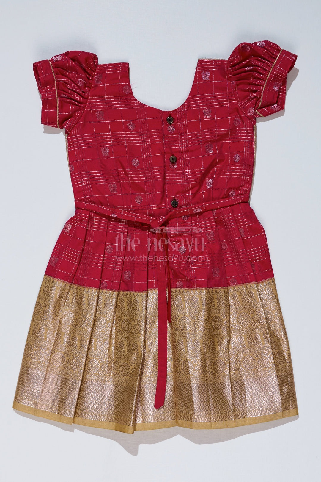 The Nesavu Girls Kanchi Silk Frock Girls Red and Gold Pattu Pavadai with Zari Embellished Pleated Skirt for Online Shopping Nesavu Girls Red Gold Pattu Pavadai Zari Embellished Pleated Skirt Online Shopping | The Nesavu