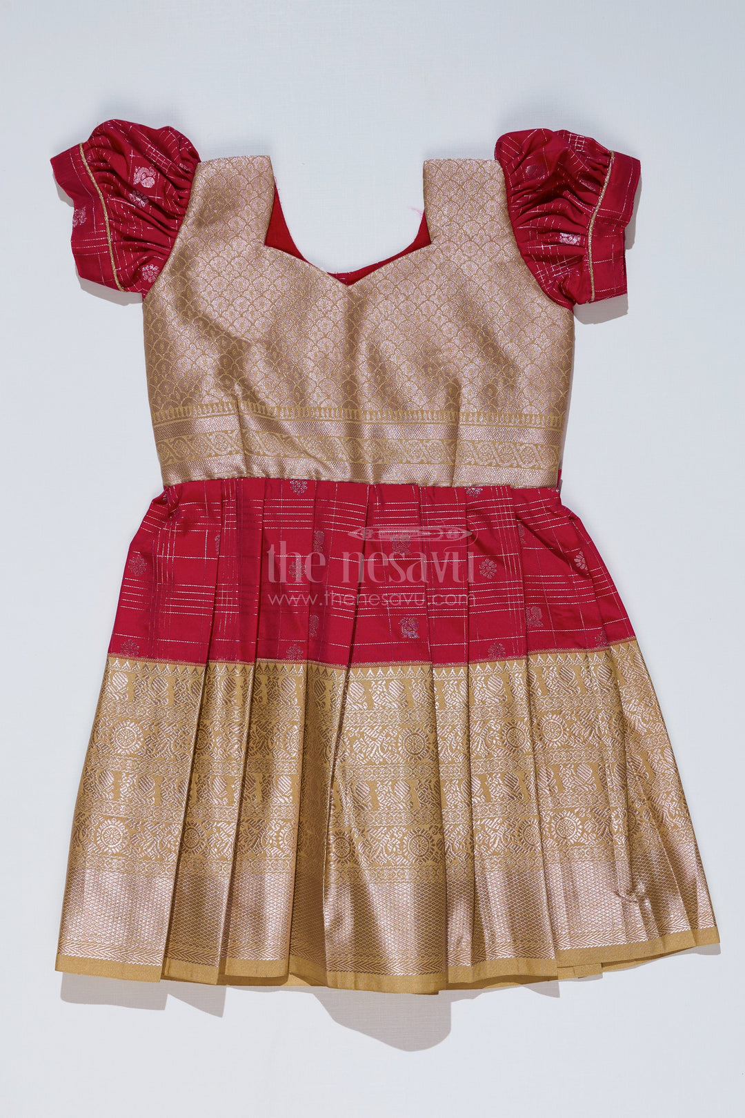 The Nesavu Girls Kanchi Silk Frock Girls Red and Gold Pattu Pavadai with Zari Embellished Pleated Skirt for Online Shopping Nesavu Girls Red Gold Pattu Pavadai Zari Embellished Pleated Skirt Online Shopping | The Nesavu