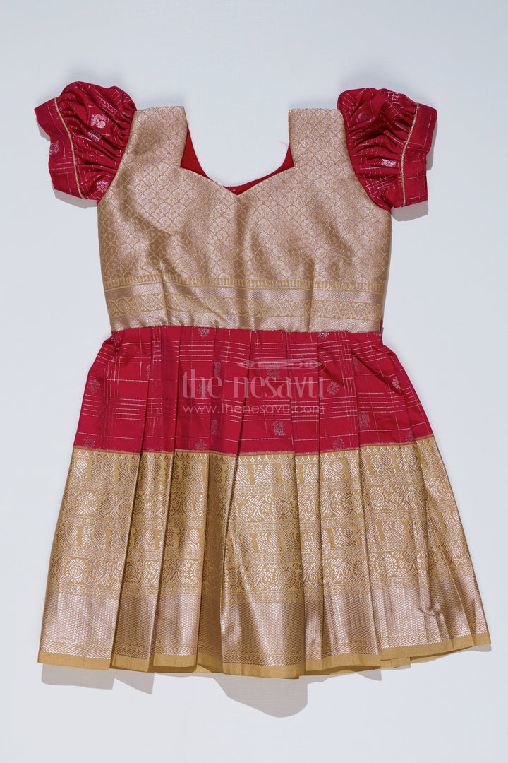 The Nesavu Girls Kanchi Silk Frock Girls Red and Gold Pattu Pavadai with Zari Embellished Pleated Skirt for Online Shopping Nesavu Girls Red Gold Pattu Pavadai Zari Embellished Pleated Skirt Online Shopping | The Nesavu