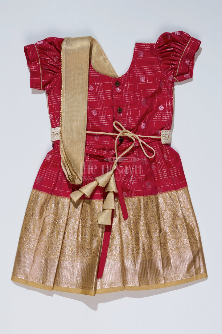The Nesavu Girls Kanchi Silk Frock Girls Red and Gold Pattu Pavadai with Zari Embellished Pleated Skirt for Online Shopping Nesavu Girls Red Gold Pattu Pavadai Zari Embellished Pleated Skirt Online Shopping | The Nesavu