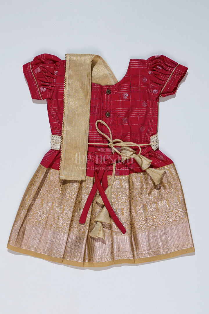 The Nesavu Girls Kanchi Silk Frock Girls Red and Gold Pattu Pavadai with Zari Embellished Pleated Skirt for Online Shopping Nesavu Girls Red Gold Pattu Pavadai Zari Embellished Pleated Skirt Online Shopping | The Nesavu