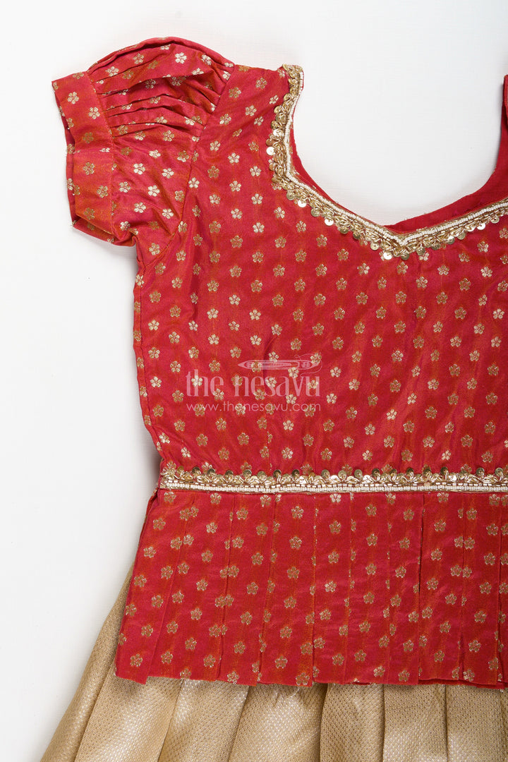 The Nesavu Pattu Pavadai Girls Red and Gold Traditional Gown for Weddings and Temple Visits Nesavu 24 (5Y) / Red GPP319B-24 Nesavu Red Gold Semi Banaras Traditional Gown Girls Perfect Weddings Pujas