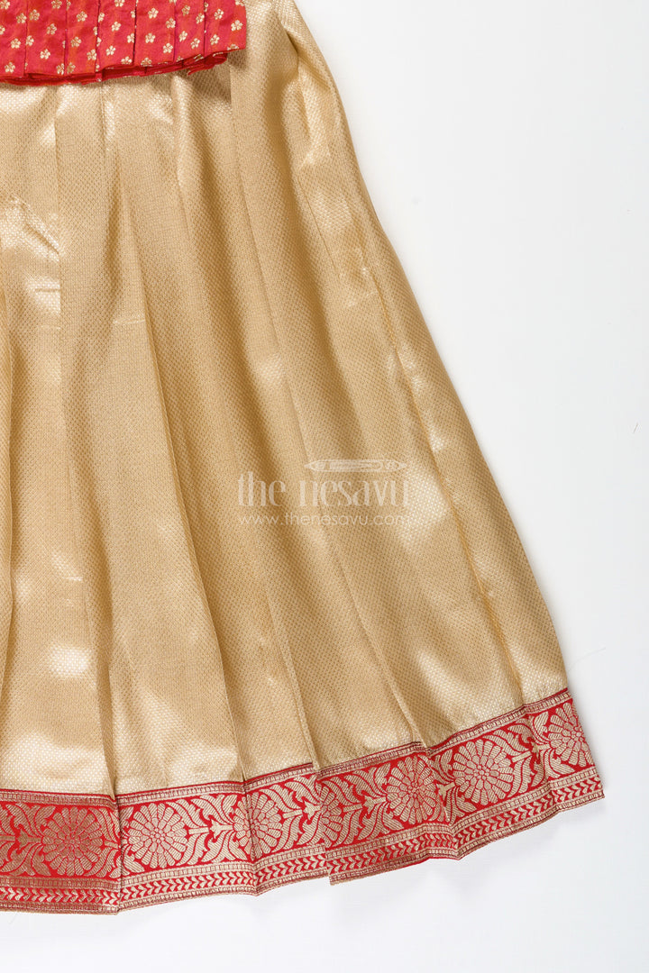 The Nesavu Pattu Pavadai Girls Red and Gold Traditional Gown for Weddings and Temple Visits Nesavu 24 (5Y) / Red GPP319B-24 Nesavu Red Gold Semi Banaras Traditional Gown Girls Perfect Weddings Pujas