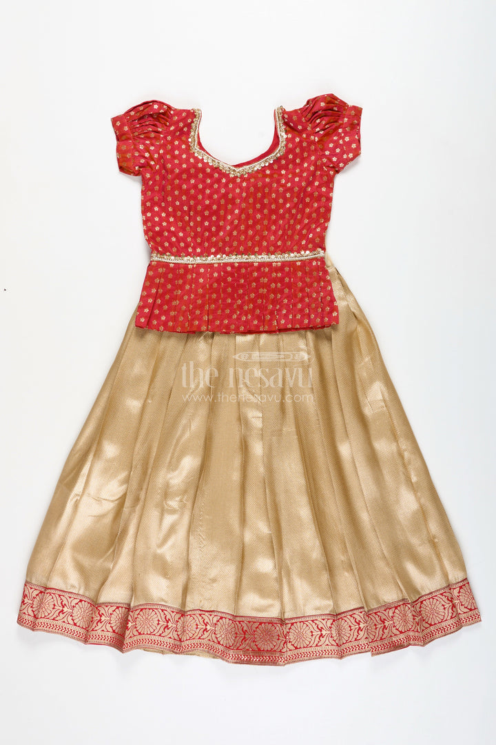 The Nesavu Pattu Pavadai Girls Red and Gold Traditional Gown for Weddings and Temple Visits Nesavu 24 (5Y) / Red GPP319B-24 Nesavu Red Gold Semi Banaras Traditional Gown Girls Perfect Weddings Pujas