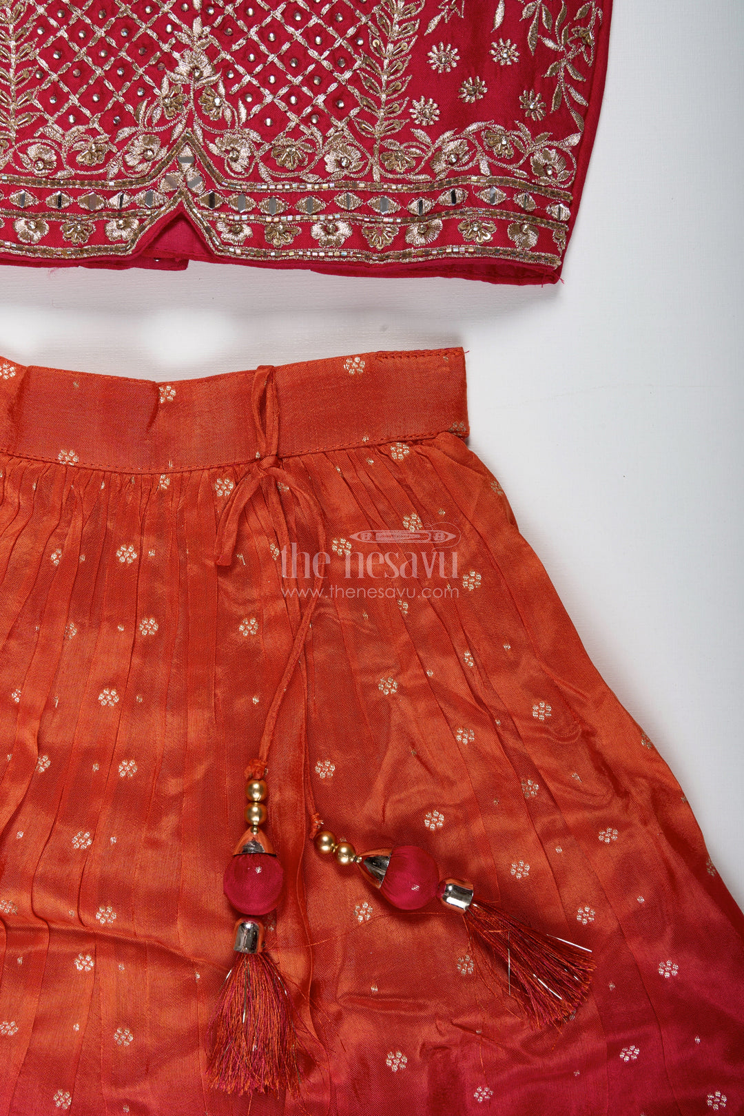 The Nesavu Girls Lehenga Choli Girls Red and Orange Lehenga Choli for Weddings and Diwali Celebrations Nesavu Nesavu Red Orange Lehenga Choli Girls Embroidered Silk Outfit Weddings Diwali