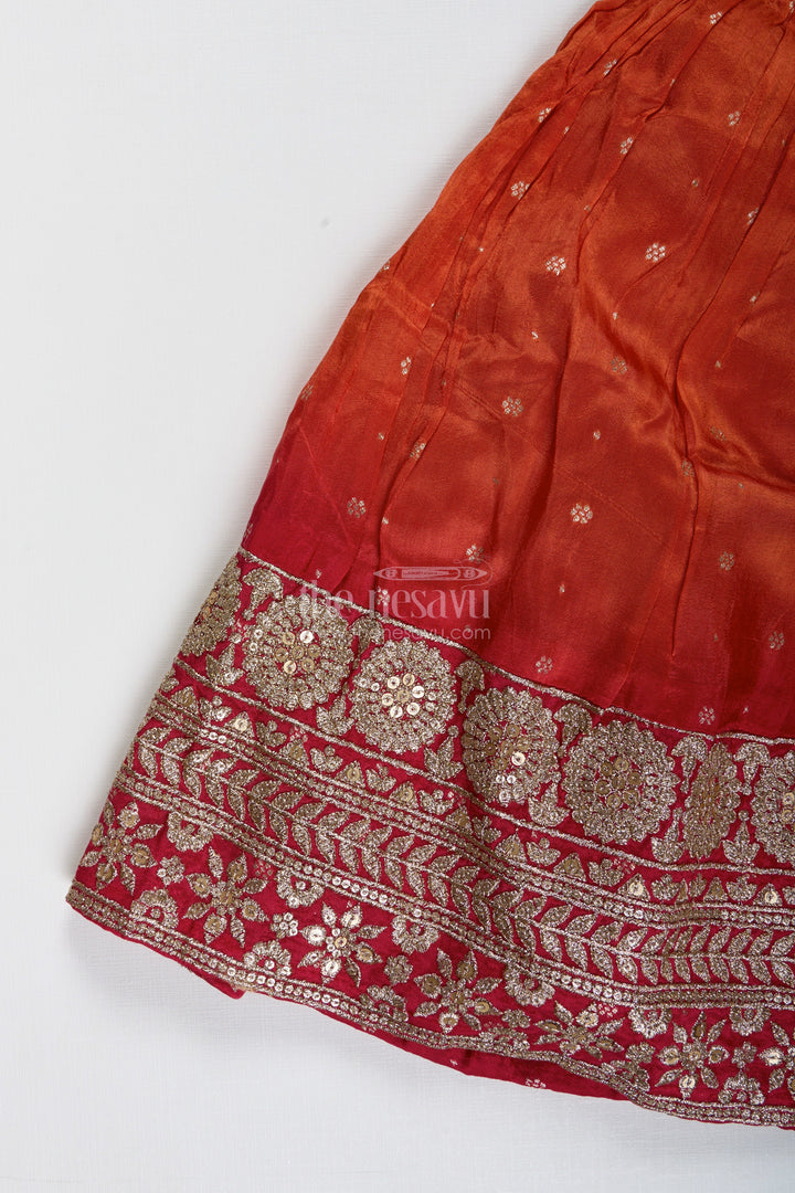 The Nesavu Girls Lehenga Choli Girls Red and Orange Lehenga Choli for Weddings and Diwali Celebrations Nesavu Nesavu Red Orange Lehenga Choli Girls Embroidered Silk Outfit Weddings Diwali