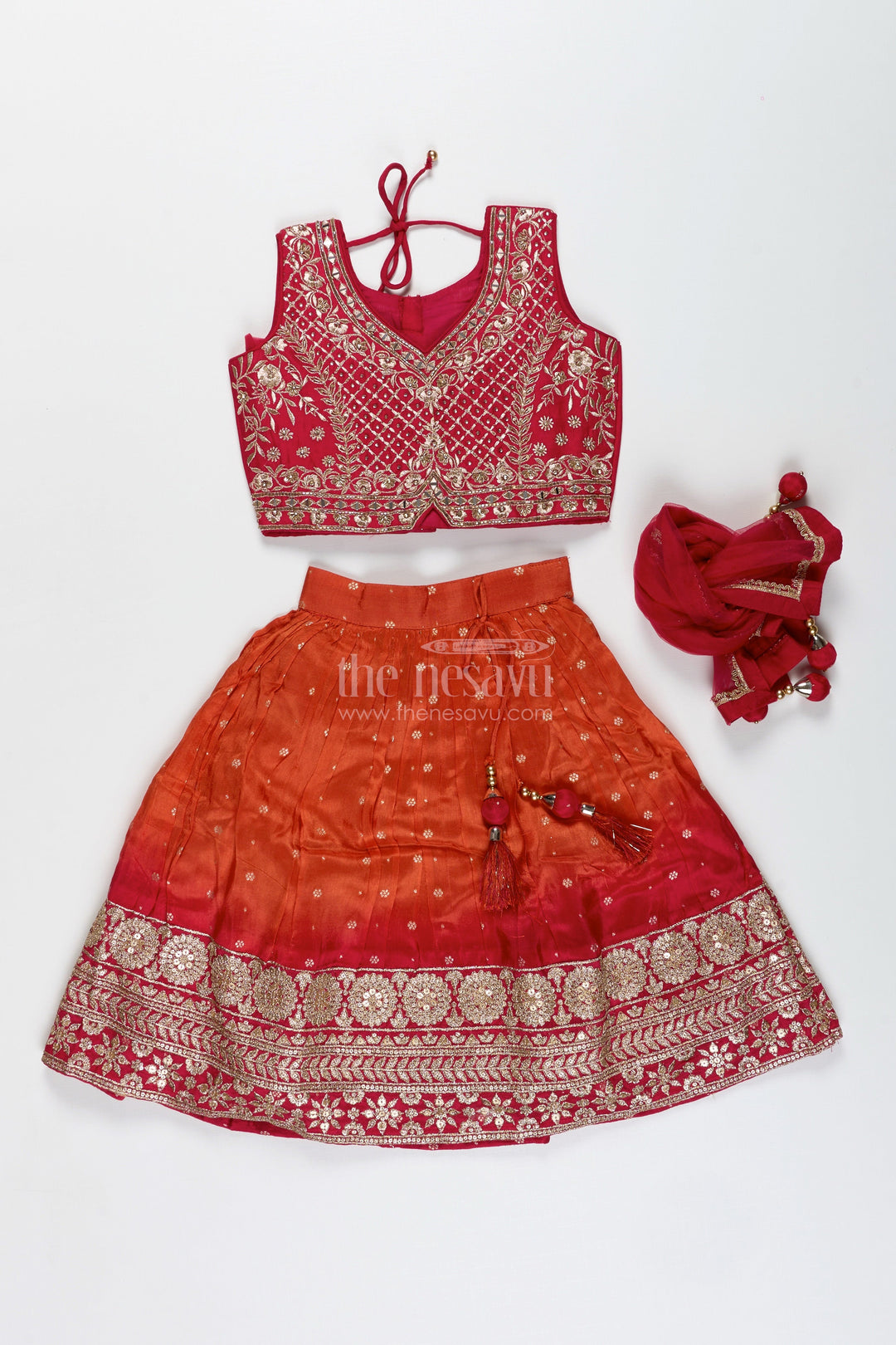 The Nesavu Girls Lehenga Choli Girls Red and Orange Lehenga Choli for Weddings and Diwali Celebrations Nesavu Nesavu Red Orange Lehenga Choli Girls Embroidered Silk Outfit Weddings Diwali