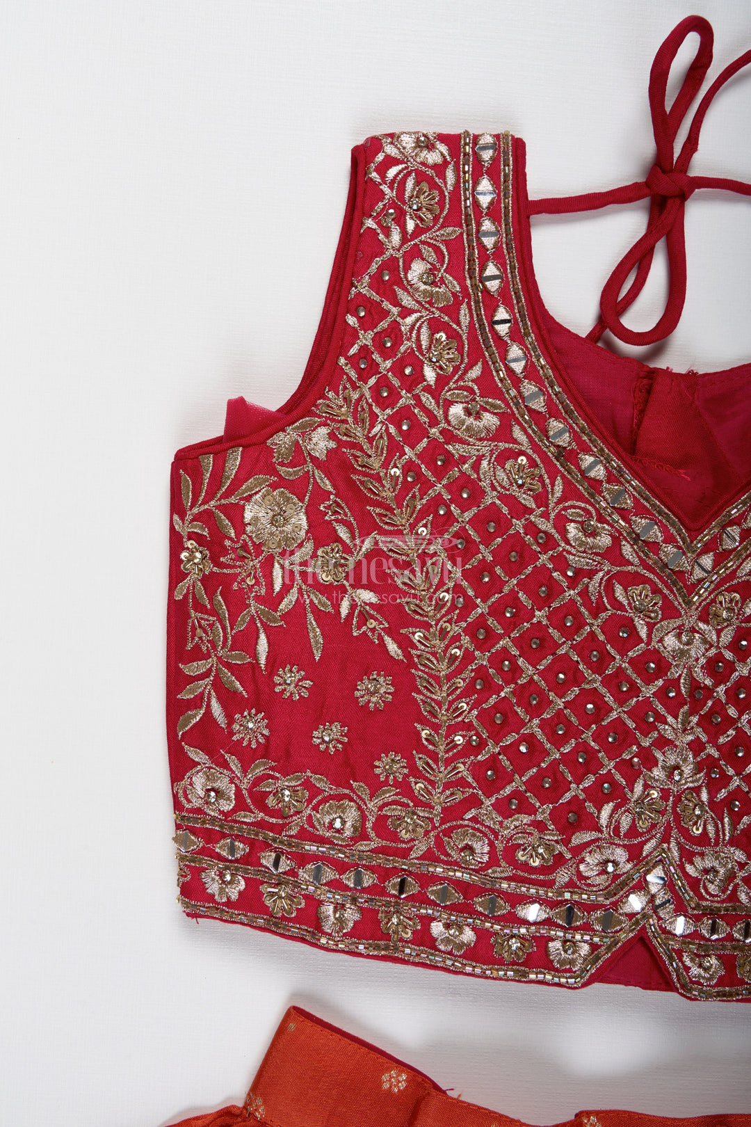 The Nesavu Girls Lehenga Choli Girls Red and Orange Lehenga Choli for Weddings and Diwali Celebrations Nesavu Nesavu Red Orange Lehenga Choli Girls Embroidered Silk Outfit Weddings Diwali