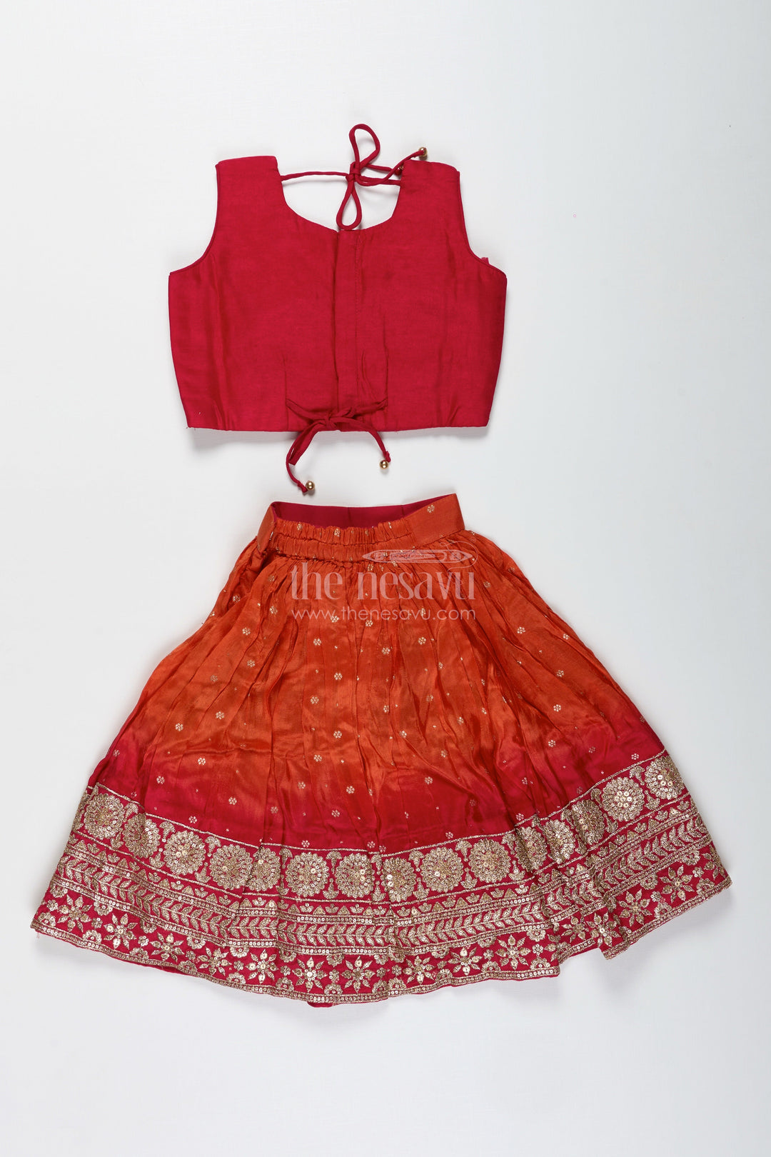 The Nesavu Girls Lehenga Choli Girls Red and Orange Lehenga Choli for Weddings and Diwali Celebrations Nesavu Nesavu Red Orange Lehenga Choli Girls Embroidered Silk Outfit Weddings Diwali