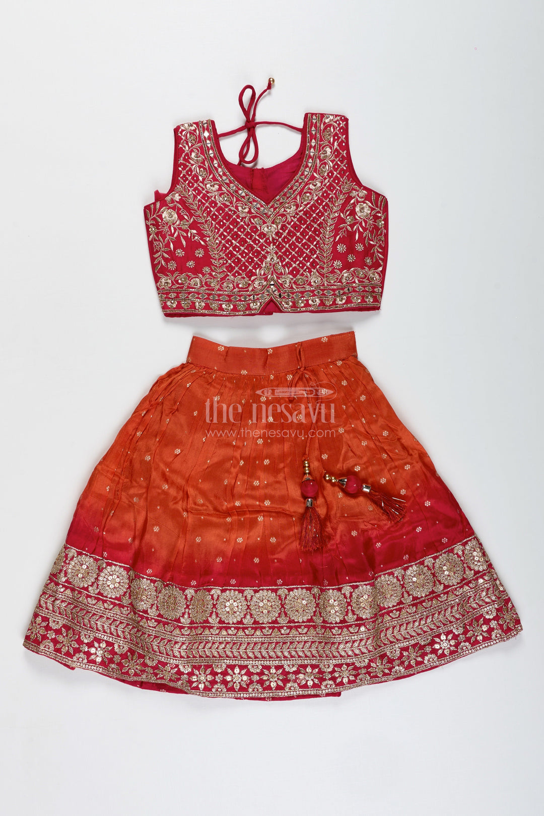 The Nesavu Girls Lehenga Choli Girls Red and Orange Lehenga Choli for Weddings and Diwali Celebrations Nesavu Nesavu Red Orange Lehenga Choli Girls Embroidered Silk Outfit Weddings Diwali