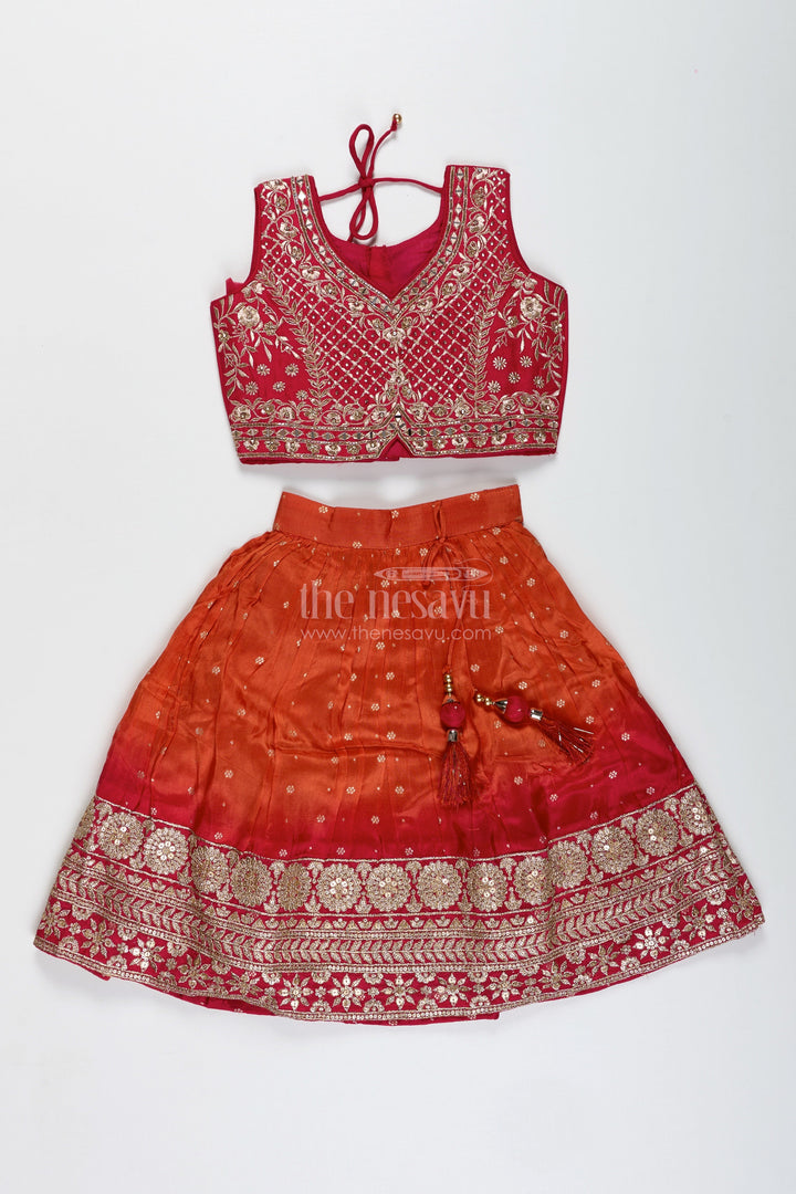 The Nesavu Girls Lehenga Choli Girls Red and Orange Lehenga Choli for Weddings and Diwali Celebrations Nesavu Nesavu Red Orange Lehenga Choli Girls Embroidered Silk Outfit Weddings Diwali