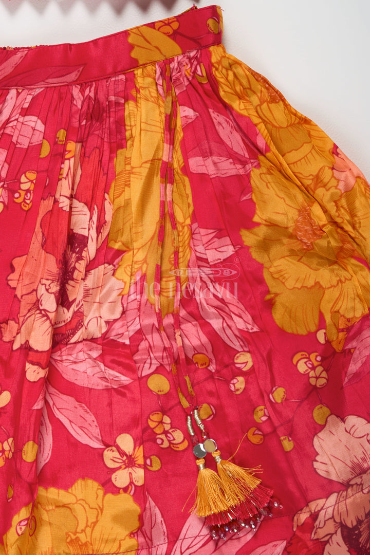 The Nesavu Girls Lehenga Choli Girls Red and Orange Lehenga Choli with Bold Floral Print and Striped Choli Top Nesavu Nesavu Girls Red Orange Floral Lehenga Choli Striped Choli Top Dupatta