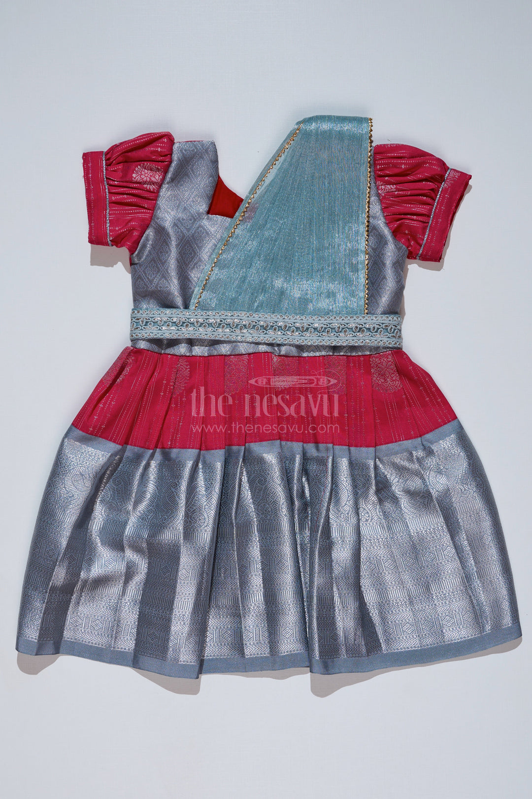 The Nesavu Girls Kanchi Silk Frock Girls Red and Silver Pattu Pavadai with Zari Border and Elegant Pleated Skirt Available Online Nesavu 14 (6M) / Gray / Style 1 SF860BA-14 Girls Red Silver Pattu Pavadai Zari Border Elegant Pleated Skirt Online | The Nesavu