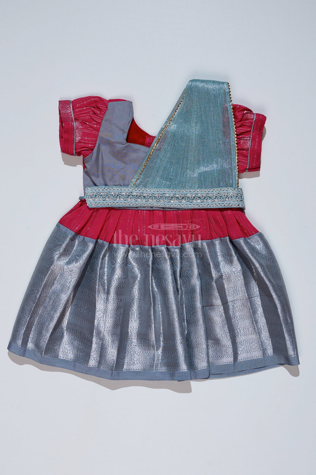 The Nesavu Girls Kanchi Silk Frock Girls Red and Silver Pattu Pavadai with Zari Border and Elegant Pleated Skirt Available Online Nesavu 14 (6M) / Gray / Style 3 SF860BC-14 Girls Red Silver Pattu Pavadai Zari Border Elegant Pleated Skirt Online | The Nesavu