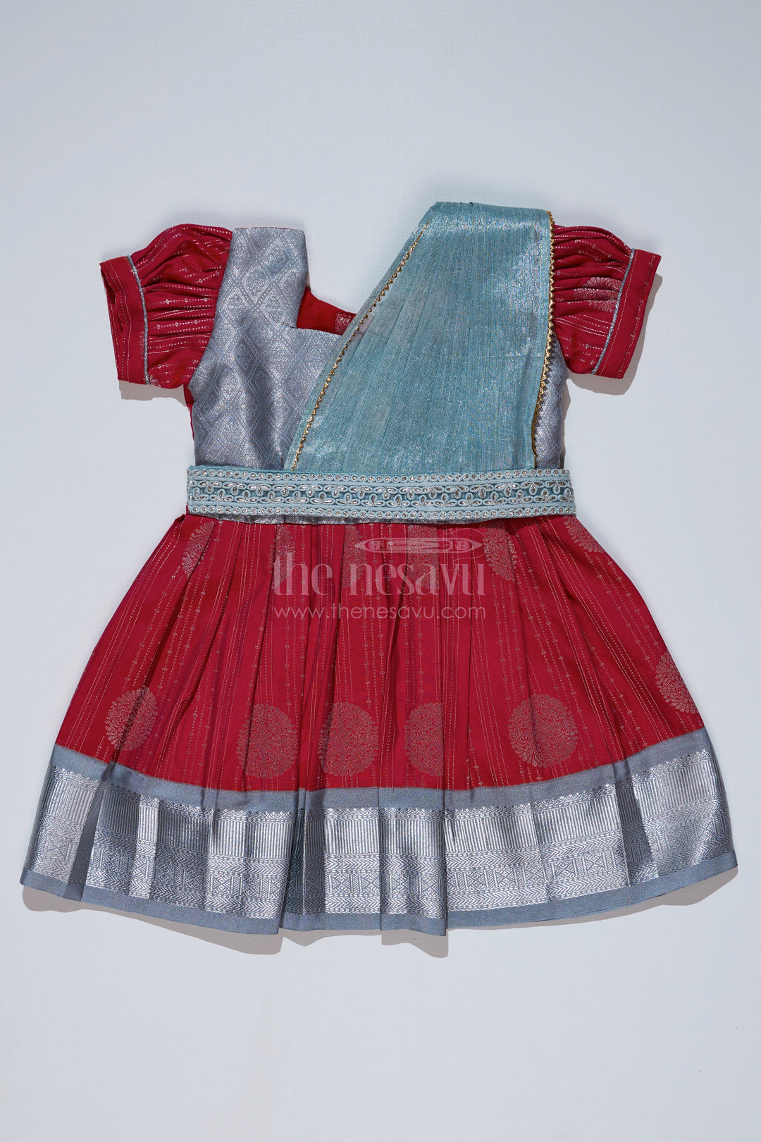 The Nesavu Girls Kanchi Silk Frock Girls Red and Silver Pattu Pavadai with Zari Border and Elegant Pleated Skirt Available Online Nesavu 14 (6M) / Gray / Style 4 SF860BD-14 Girls Red Silver Pattu Pavadai Zari Border Elegant Pleated Skirt Online | The Nesavu