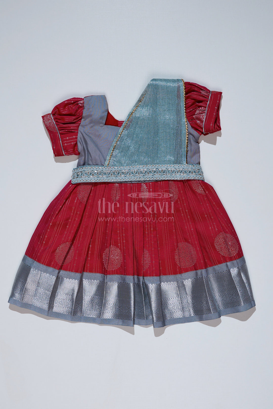 The Nesavu Girls Kanchi Silk Frock Girls Red and Silver Pattu Pavadai with Zari Border and Elegant Pleated Skirt Available Online Nesavu 14 (6M) / Gray / Style 5 SF860BE-14 Girls Red Silver Pattu Pavadai Zari Border Elegant Pleated Skirt Online | The Nesavu