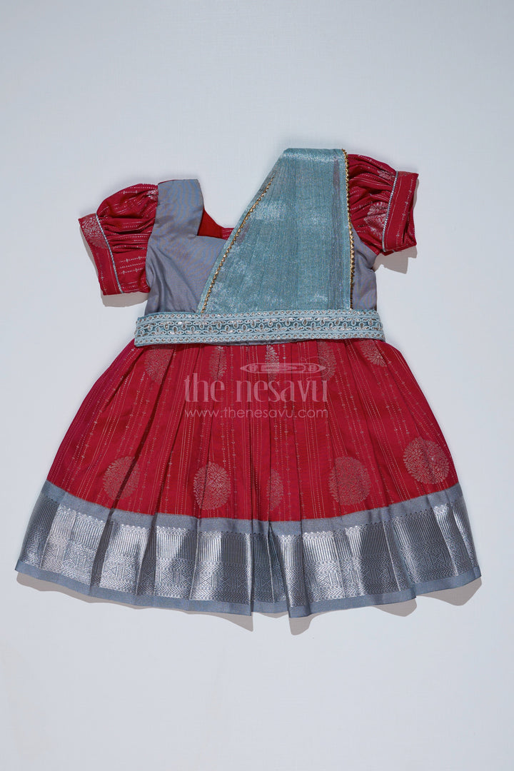 The Nesavu Girls Kanchi Silk Frock Girls Red and Silver Pattu Pavadai with Zari Border and Elegant Pleated Skirt Available Online Nesavu 14 (6M) / Gray / Style 5 SF860BE-14 Girls Red Silver Pattu Pavadai Zari Border Elegant Pleated Skirt Online | The Nesavu