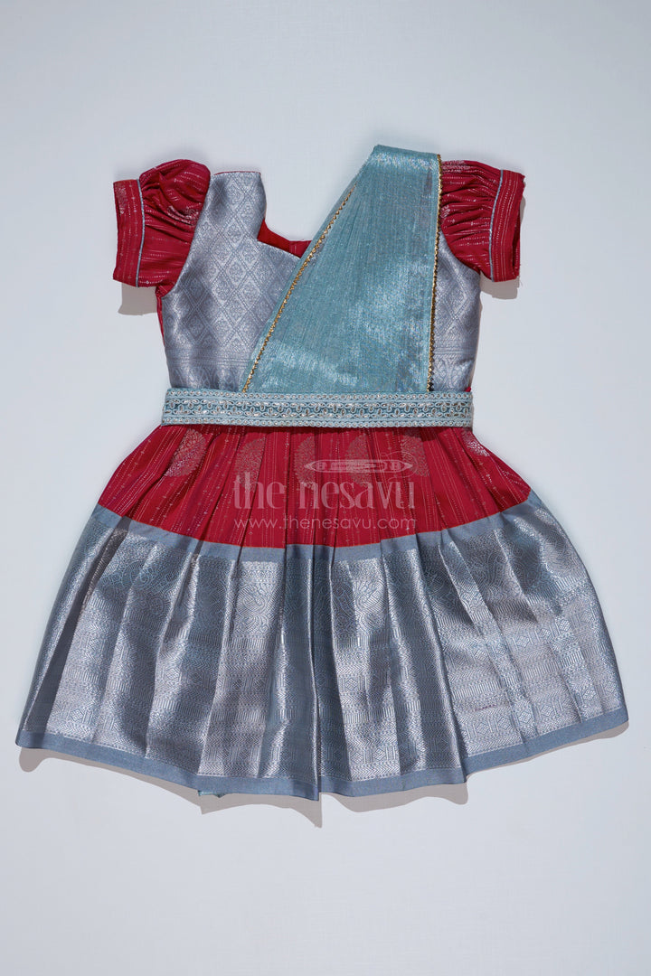The Nesavu Girls Kanchi Silk Frock Girls Red and Silver Pattu Pavadai with Zari Border and Elegant Pleated Skirt Available Online Nesavu 20 (3Y) / Gray / Style 2 SF860BB-20 Girls Red Silver Pattu Pavadai Zari Border Elegant Pleated Skirt Online | The Nesavu