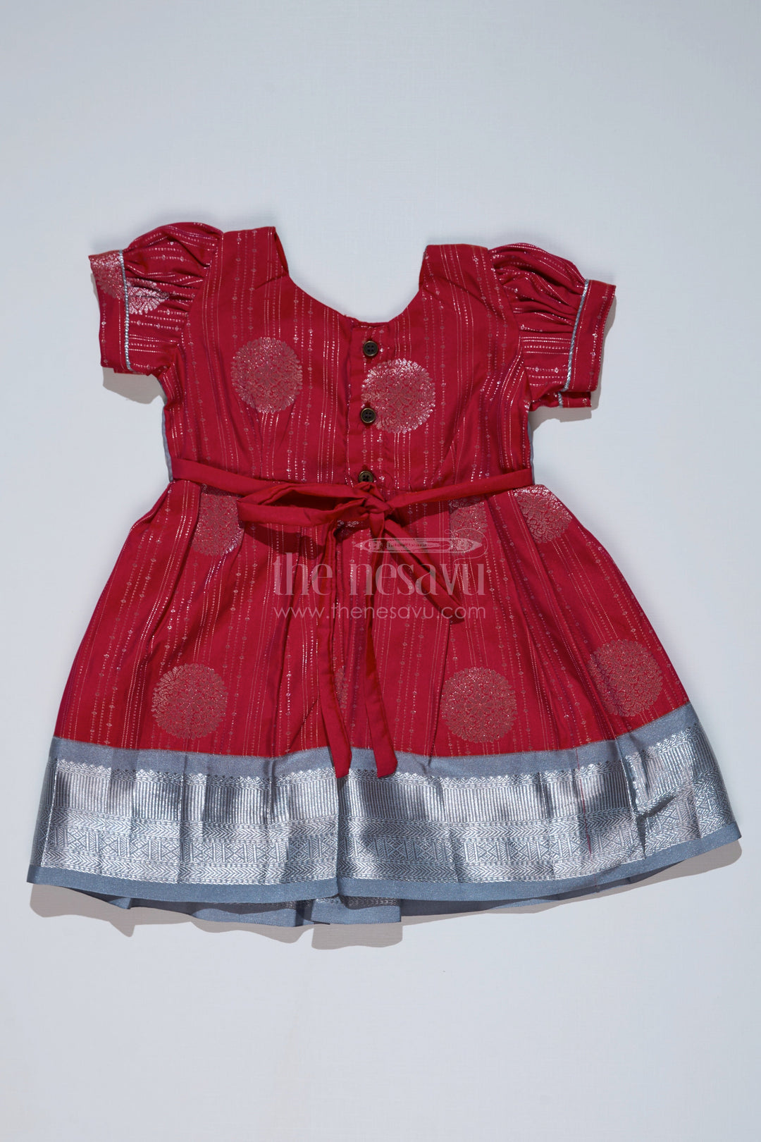 The Nesavu Girls Kanchi Silk Frock Girls Red and Silver Pattu Pavadai with Zari Border and Elegant Pleated Skirt Available Online Nesavu Girls Red Silver Pattu Pavadai Zari Border Elegant Pleated Skirt Online | The Nesavu
