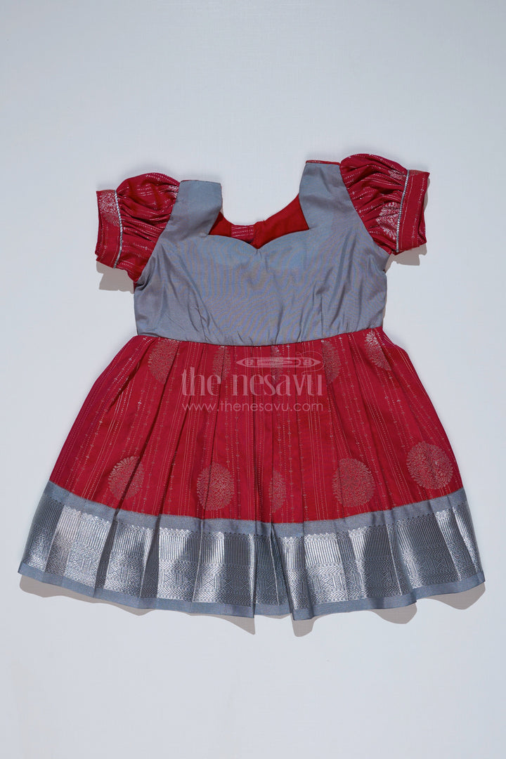 The Nesavu Girls Kanchi Silk Frock Girls Red and Silver Pattu Pavadai with Zari Border and Elegant Pleated Skirt Available Online Nesavu Girls Red Silver Pattu Pavadai Zari Border Elegant Pleated Skirt Online | The Nesavu