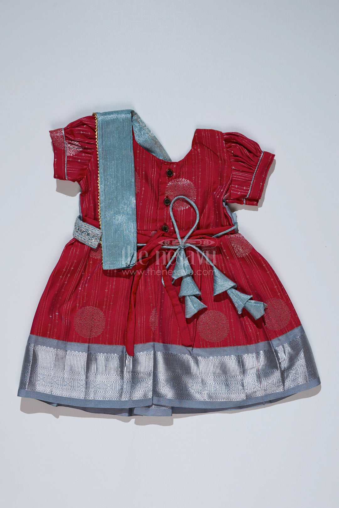 The Nesavu Girls Kanchi Silk Frock Girls Red and Silver Pattu Pavadai with Zari Border and Elegant Pleated Skirt Available Online Nesavu Girls Red Silver Pattu Pavadai Zari Border Elegant Pleated Skirt Online | The Nesavu