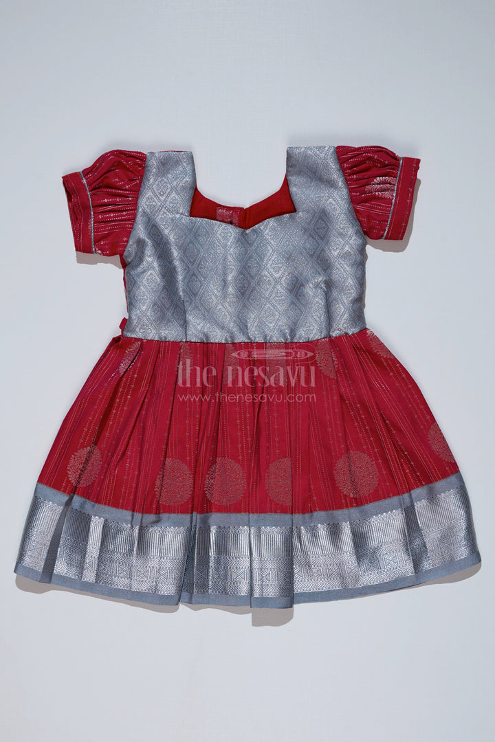 The Nesavu Girls Kanchi Silk Frock Girls Red and Silver Pattu Pavadai with Zari Border and Elegant Pleated Skirt Available Online Nesavu Girls Red Silver Pattu Pavadai Zari Border Elegant Pleated Skirt Online | The Nesavu