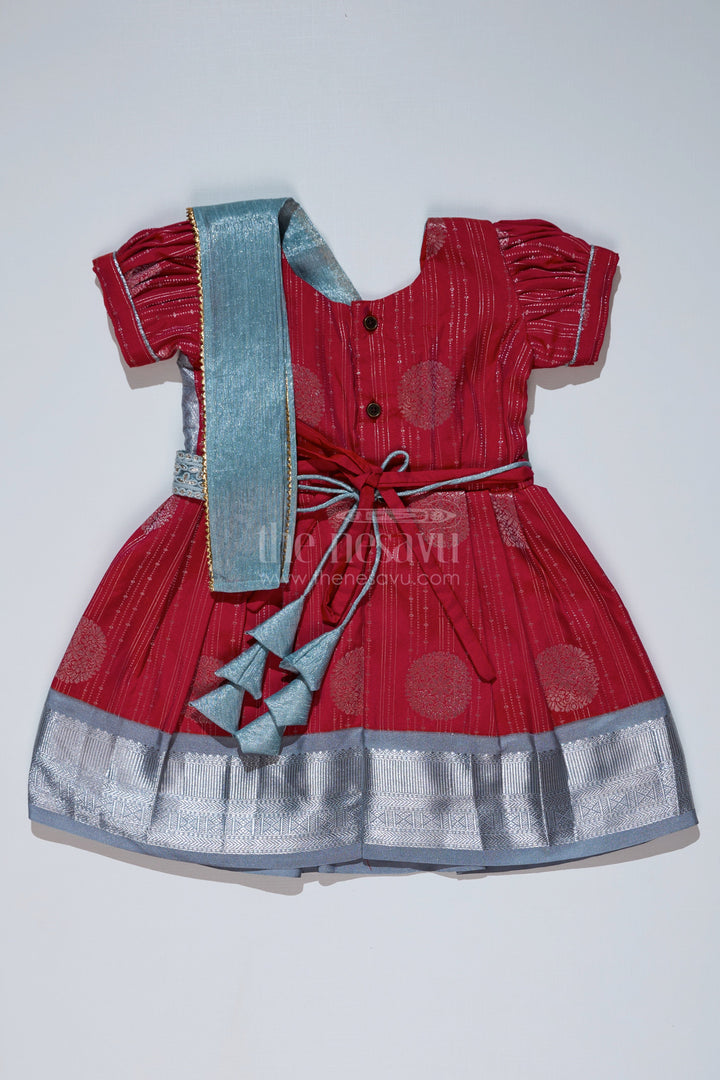 The Nesavu Girls Kanchi Silk Frock Girls Red and Silver Pattu Pavadai with Zari Border and Elegant Pleated Skirt Available Online Nesavu Girls Red Silver Pattu Pavadai Zari Border Elegant Pleated Skirt Online | The Nesavu