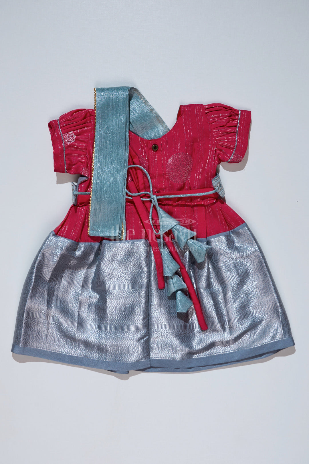 The Nesavu Girls Kanchi Silk Frock Girls Red and Silver Pattu Pavadai with Zari Border and Elegant Pleated Skirt Available Online Nesavu Girls Red Silver Pattu Pavadai Zari Border Elegant Pleated Skirt Online | The Nesavu