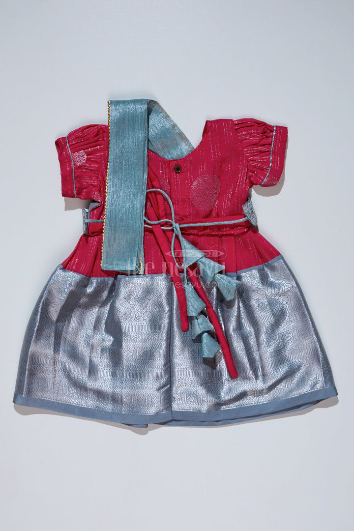 The Nesavu Girls Kanchi Silk Frock Girls Red and Silver Pattu Pavadai with Zari Border and Elegant Pleated Skirt Available Online Nesavu Girls Red Silver Pattu Pavadai Zari Border Elegant Pleated Skirt Online | The Nesavu