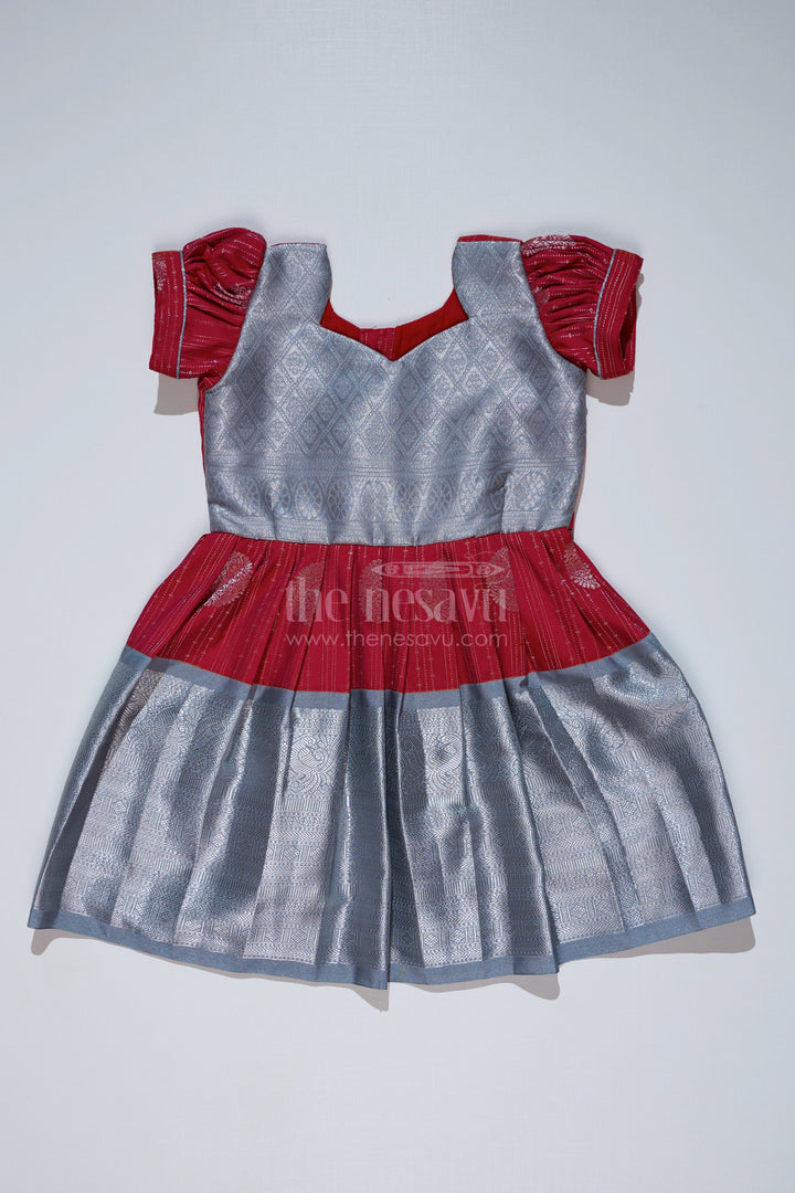 The Nesavu Girls Kanchi Silk Frock Girls Red and Silver Pattu Pavadai with Zari Border and Elegant Pleated Skirt Available Online Nesavu Girls Red Silver Pattu Pavadai Zari Border Elegant Pleated Skirt Online | The Nesavu