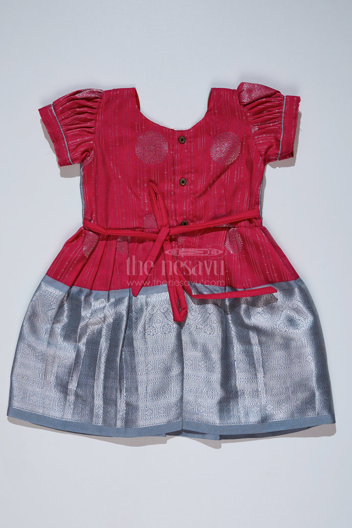 The Nesavu Girls Kanchi Silk Frock Girls Red and Silver Pattu Pavadai with Zari Border and Elegant Pleated Skirt Available Online Nesavu Girls Red Silver Pattu Pavadai Zari Border Elegant Pleated Skirt Online | The Nesavu