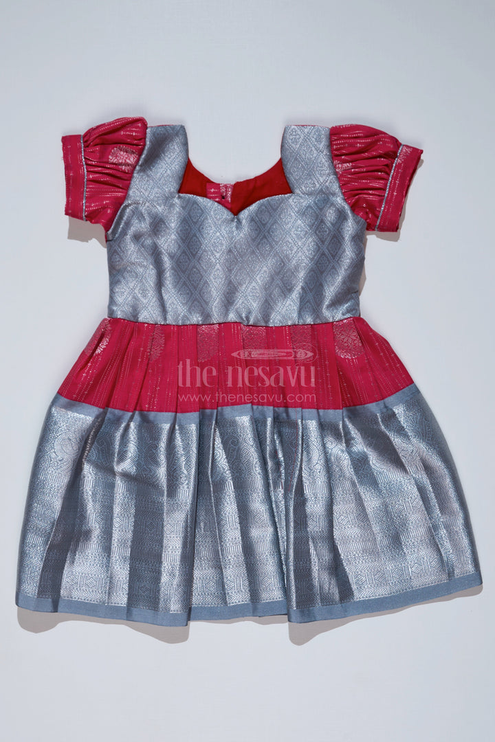 The Nesavu Girls Kanchi Silk Frock Girls Red and Silver Pattu Pavadai with Zari Border and Elegant Pleated Skirt Available Online Nesavu Girls Red Silver Pattu Pavadai Zari Border Elegant Pleated Skirt Online | The Nesavu