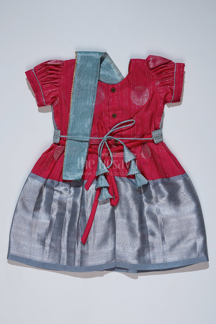 The Nesavu Girls Kanchi Silk Frock Girls Red and Silver Pattu Pavadai with Zari Border and Elegant Pleated Skirt Available Online Nesavu Girls Red Silver Pattu Pavadai Zari Border Elegant Pleated Skirt Online | The Nesavu
