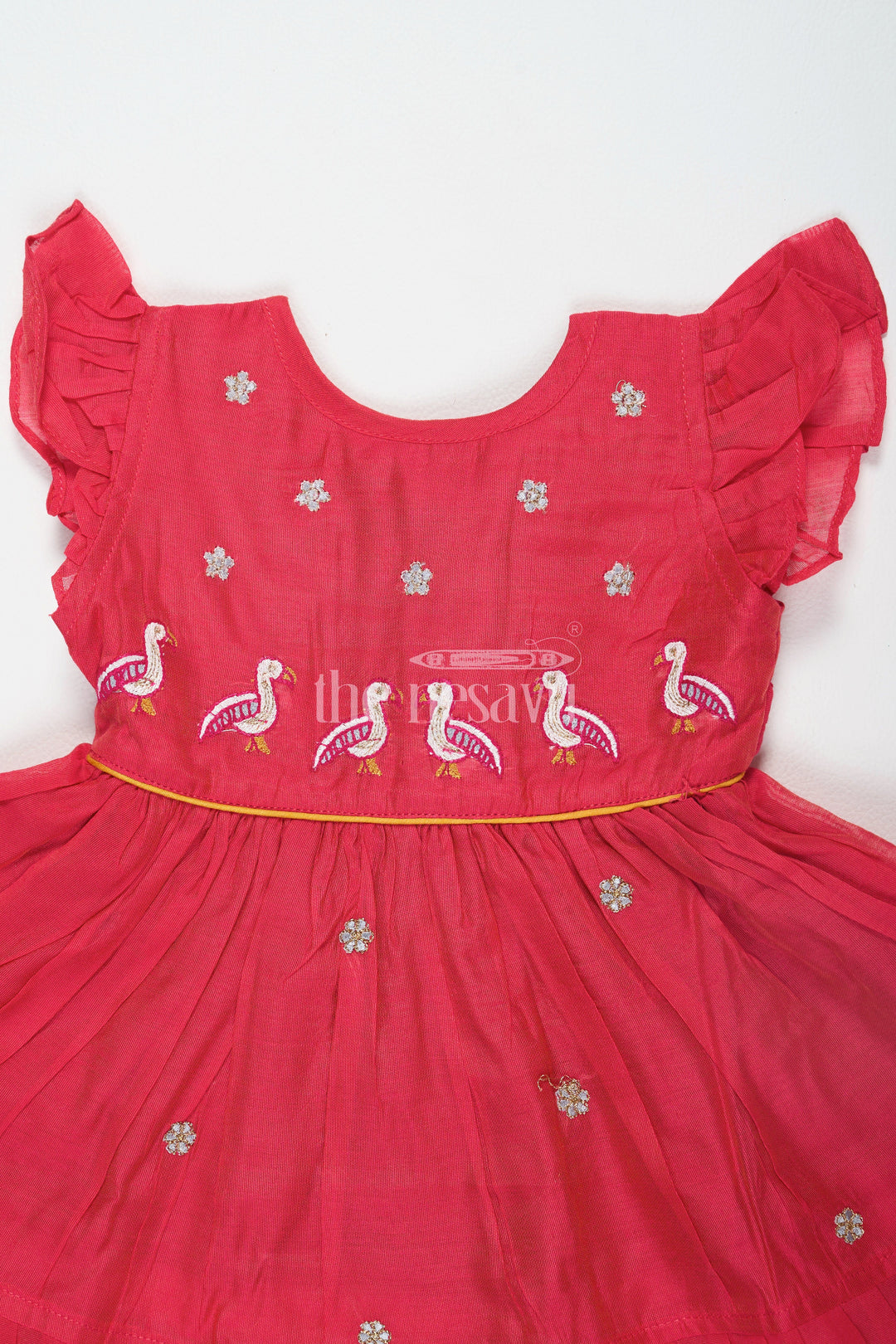 The Nesavu Girls Cotton Frock Girls Red Chanderi Embroidered Frock Dress with Ruffled Sleeves Nesavu 12 (3M) / Red GFC1424A-12 Girls Red Chanderi Embroidered Frock Dress Nesavu Ruffled Sleeves Perfect Festive Occasions