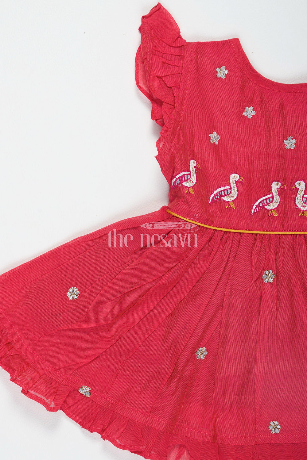 The Nesavu Girls Cotton Frock Girls Red Chanderi Embroidered Frock Dress with Ruffled Sleeves Nesavu Girls Red Chanderi Embroidered Frock Dress Nesavu Ruffled Sleeves Perfect Festive Occasions